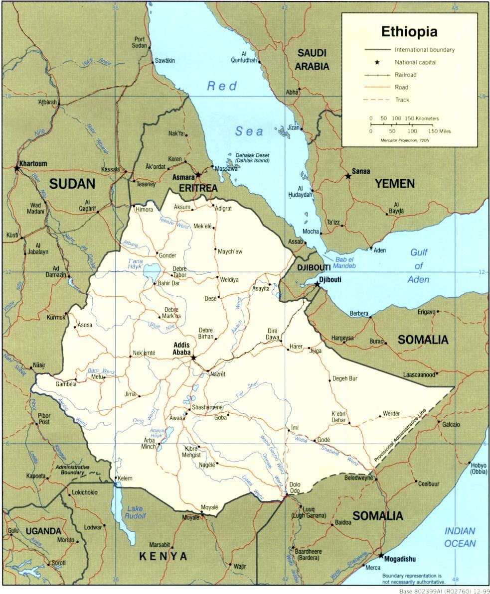 kaart van Ethiopië en de omliggende landen