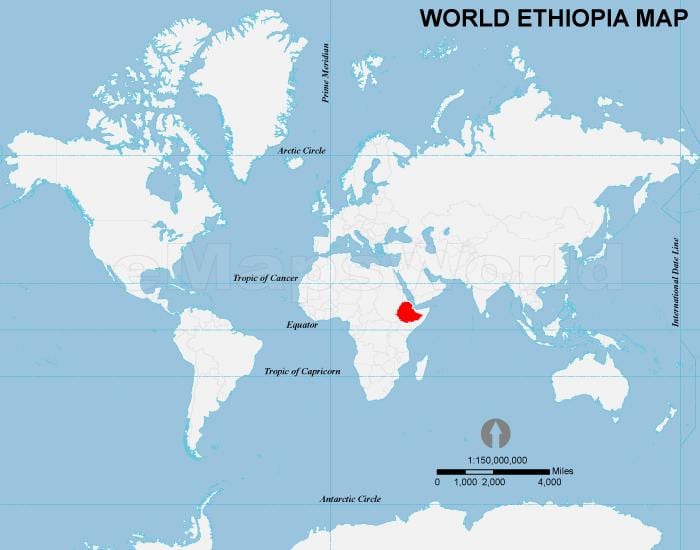 kaart van Ethiopië locatie op de wereld