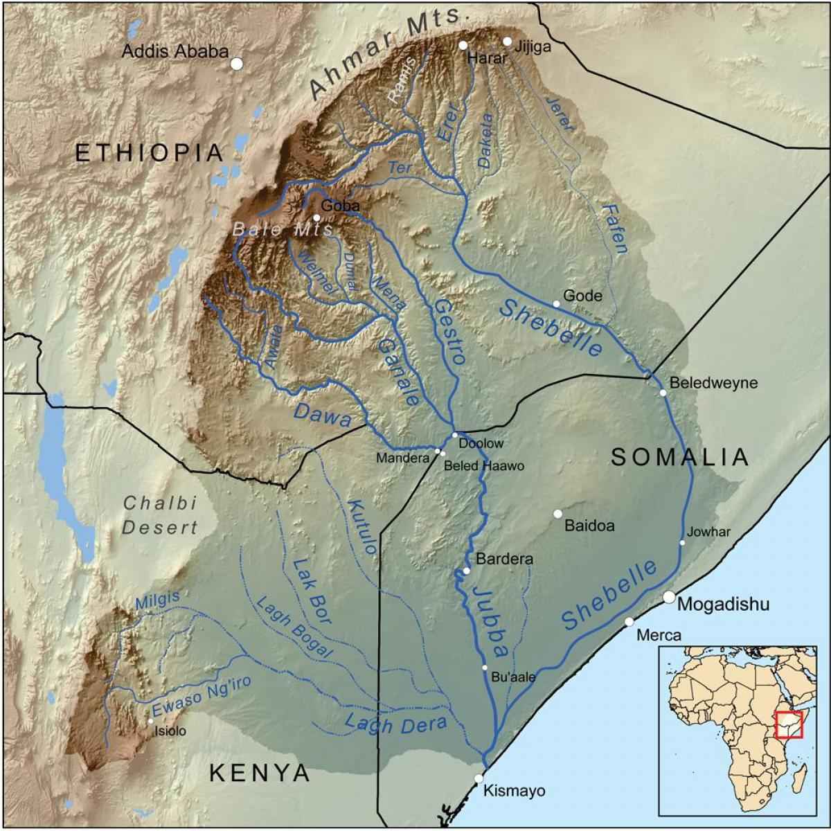 kaart van de Ethiopische rivieren