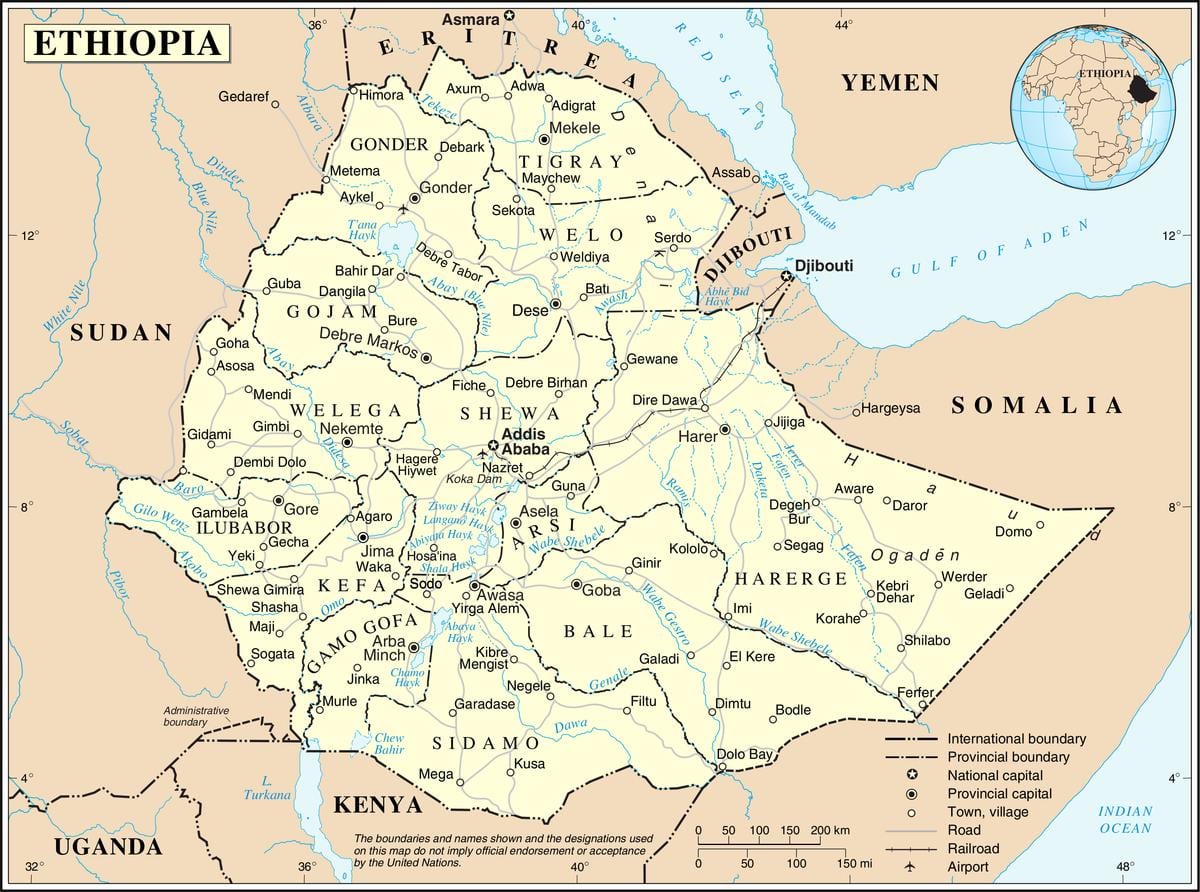 de huidige kaart van Ethiopië