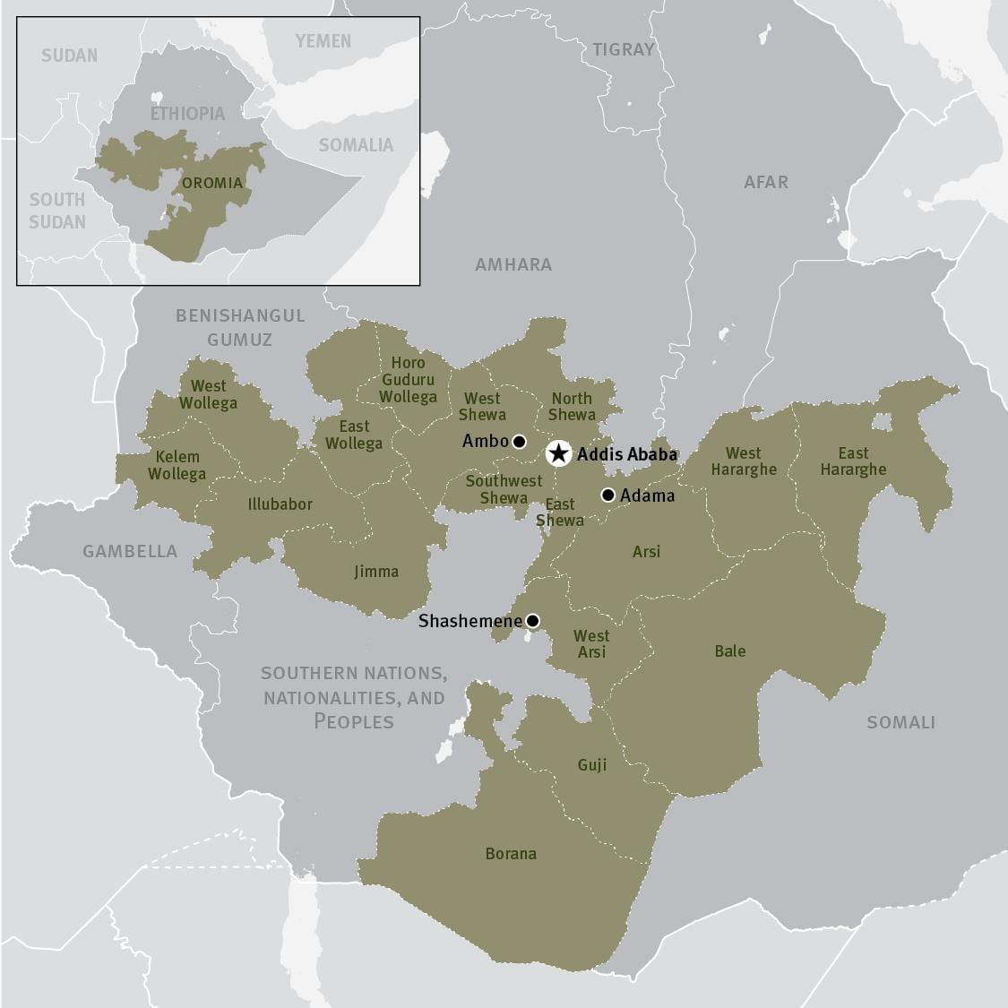 kaart van de oromia regio in Ethiopië