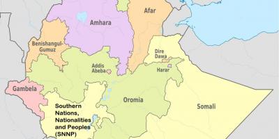 Ethiopië staten in de regio kaart